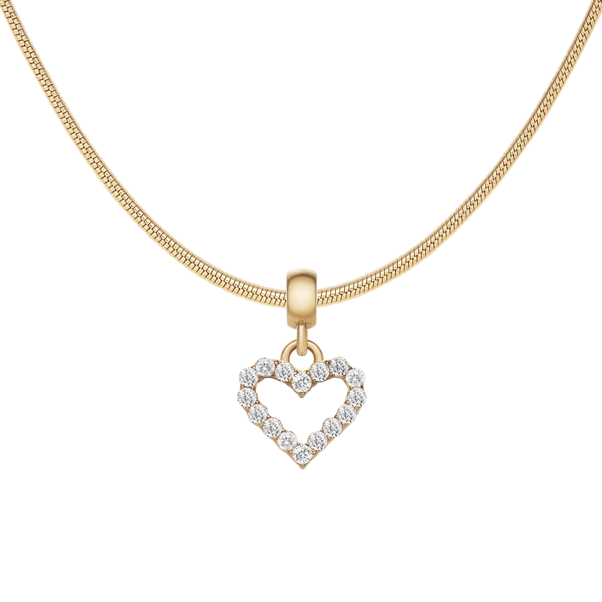 Heart Contour White Crystal Gold Charm + Snake Necklace G