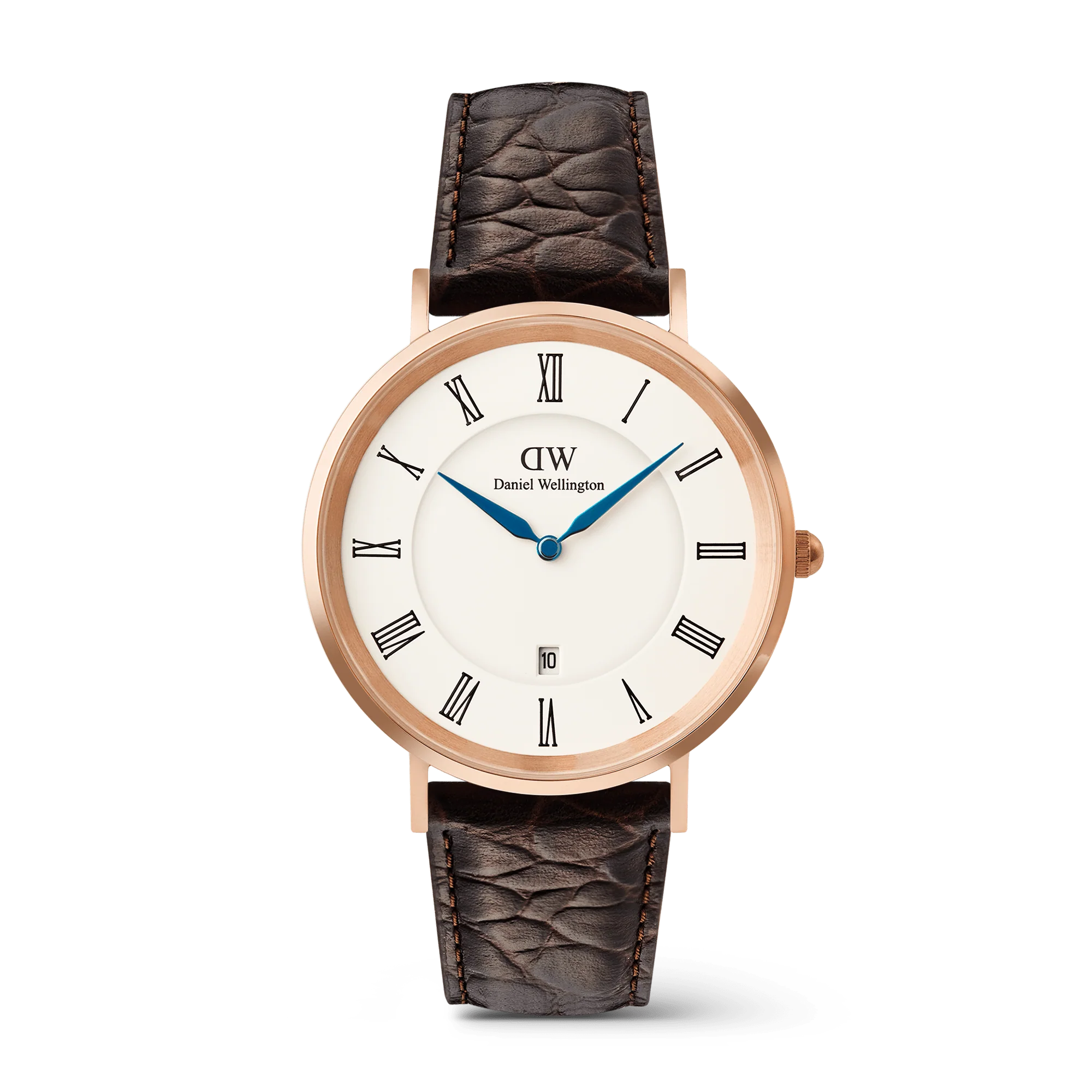 Classic Roman Numerals Date Dark Brown Croc Belly Rose Gold