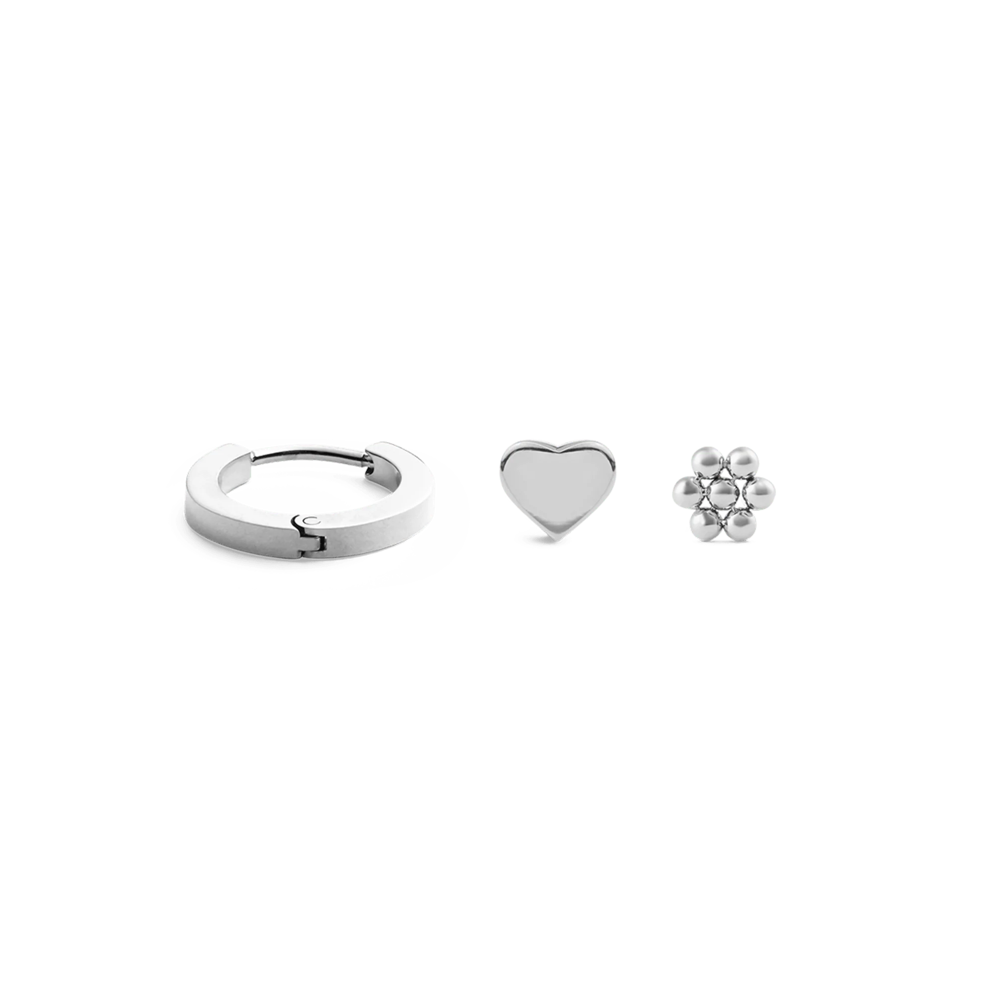 Hoop + Heart + Flower Stud Silver Set